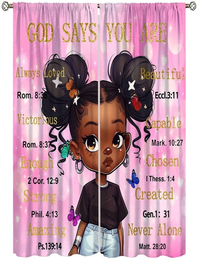AAVEUP Black Girl Curtains for Kids,Fantasy Cartoon Pink African American Girl Love Butterfly Cute Quotes Window Drapes Print for Nursery Girls Bedroom Living Room 42x45in（No Blackout） - Image 1